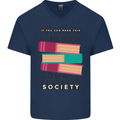 Book Reading Re-Enter Society Funny Mens V-Neck Cotton T-Shirt Navy Blue