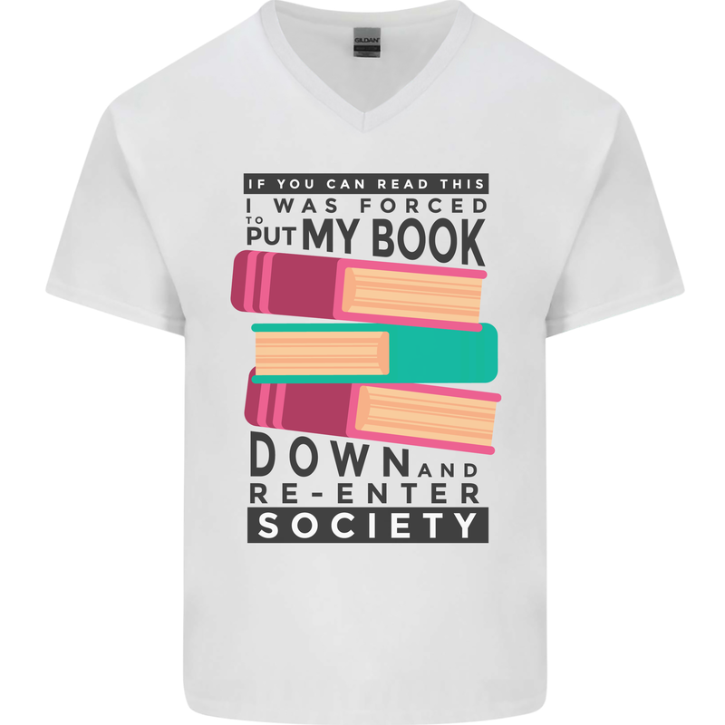 Book Reading Re-Enter Society Funny Mens V-Neck Cotton T-Shirt White