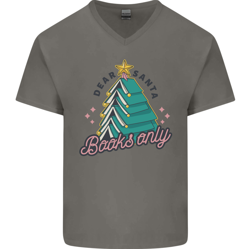 Books Only Christmas Tree Funny Bookworm Mens V-Neck Cotton T-Shirt Charcoal