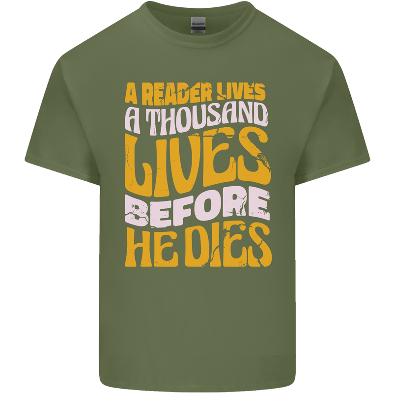 Bookworm Reading a Reader Dies Funny Mens Cotton T-Shirt Tee Top Military Green