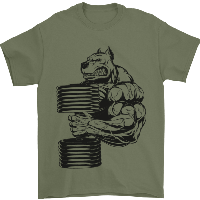 Bulldog Gym Training Top Weightlifting Mens T-Shirt Cotton Gildan Military Green