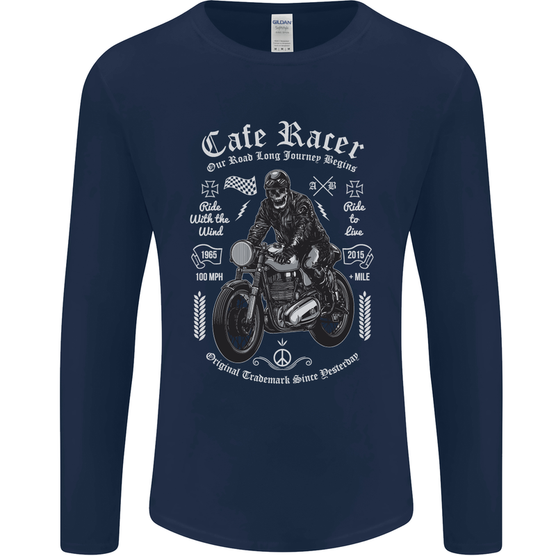 Cafe Racer Motorcycle Motorbike Biker Mens Long Sleeve T-Shirt Navy Blue