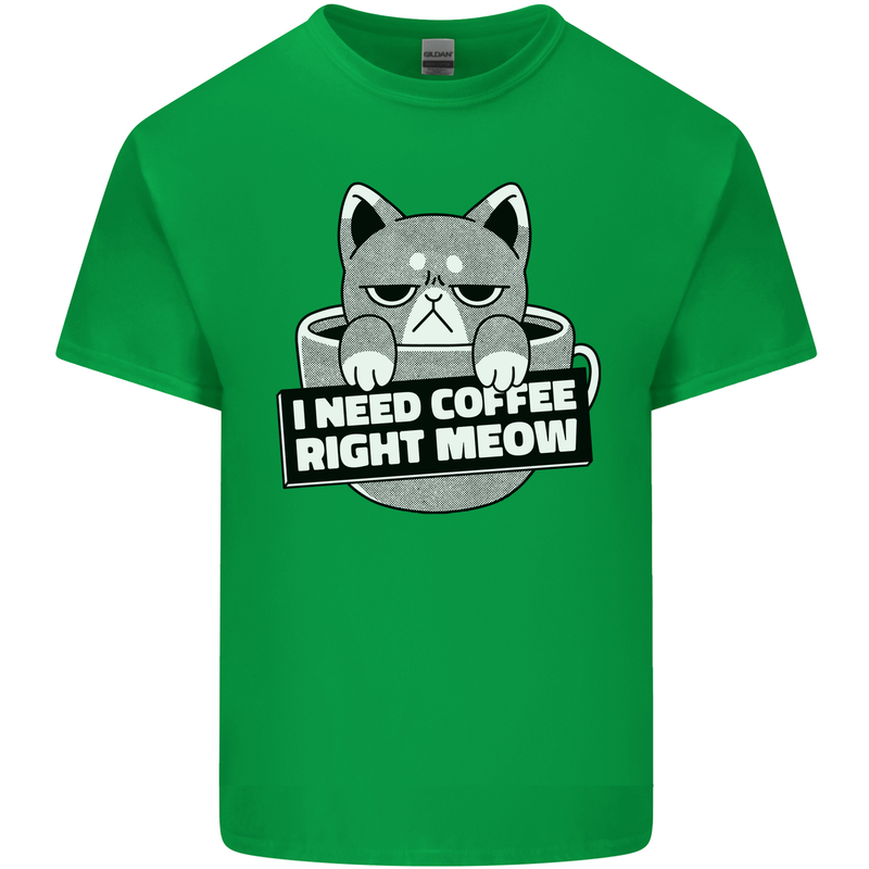 Cat I Need Coffee Right Meow Funny Mens Cotton T-Shirt Tee Top Irish Green