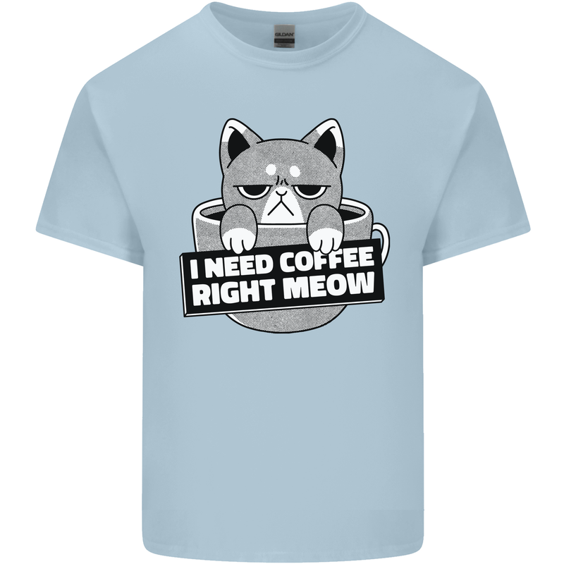 Cat I Need Coffee Right Meow Funny Mens Cotton T-Shirt Tee Top Light Blue