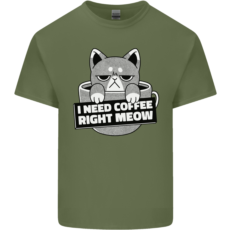Cat I Need Coffee Right Meow Funny Mens Cotton T-Shirt Tee Top Military Green