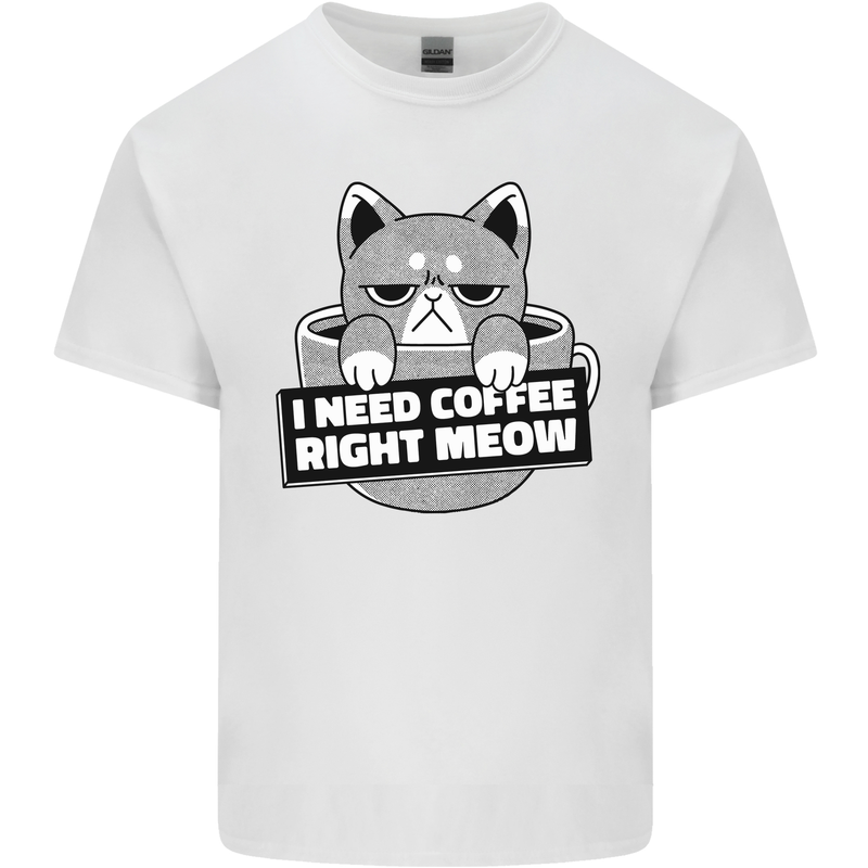 Cat I Need Coffee Right Meow Funny Mens Cotton T-Shirt Tee Top White