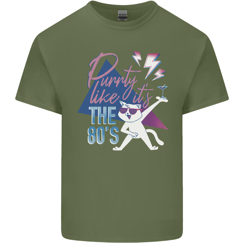 Cat Purrty Like It's the 80's Mens Cotton T-Shirt Tee Top Military Green