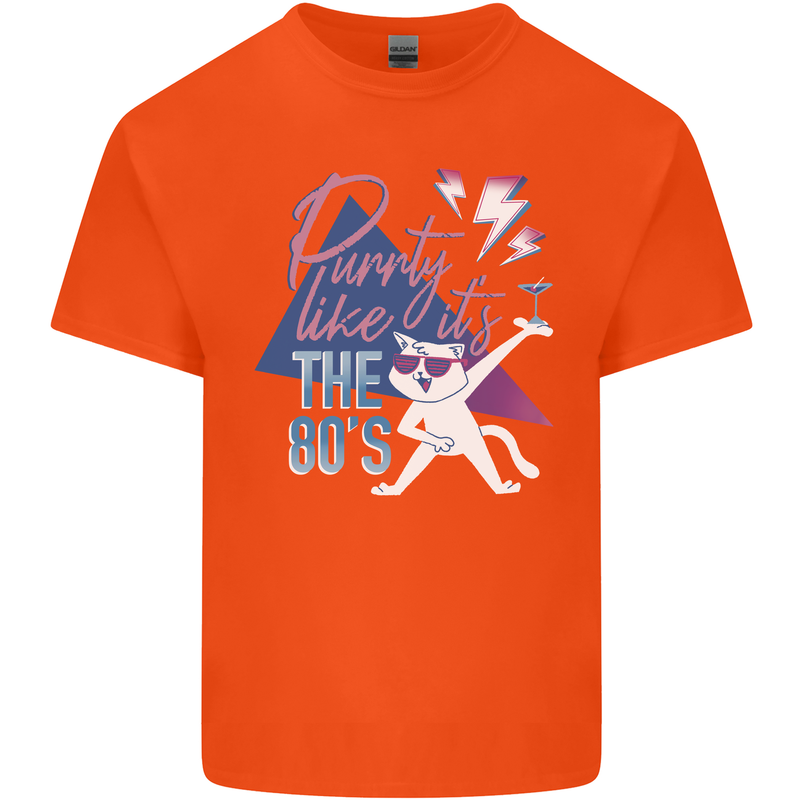 Cat Purrty Like It's the 80's Mens Cotton T-Shirt Tee Top Orange