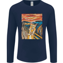 Cat Scream Painting Parody Mens Long Sleeve T-Shirt Navy Blue