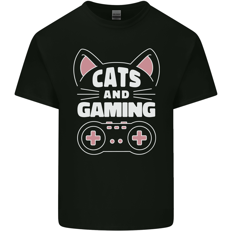 Cats and Gaming Funny Gamer Mens Cotton T-Shirt Tee Top Black