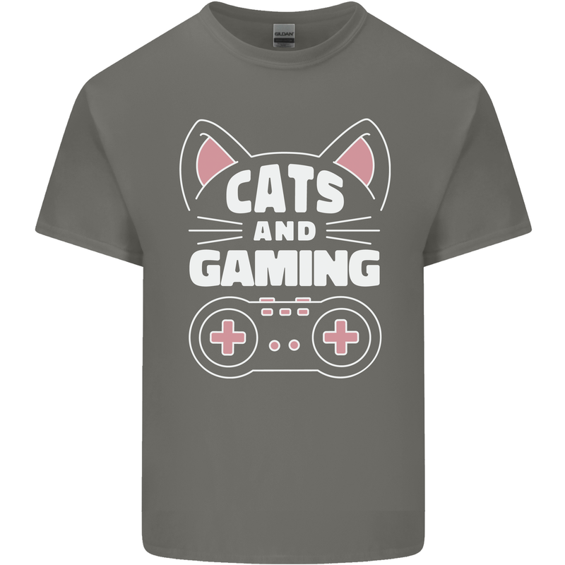 Cats and Gaming Funny Gamer Mens Cotton T-Shirt Tee Top Charcoal