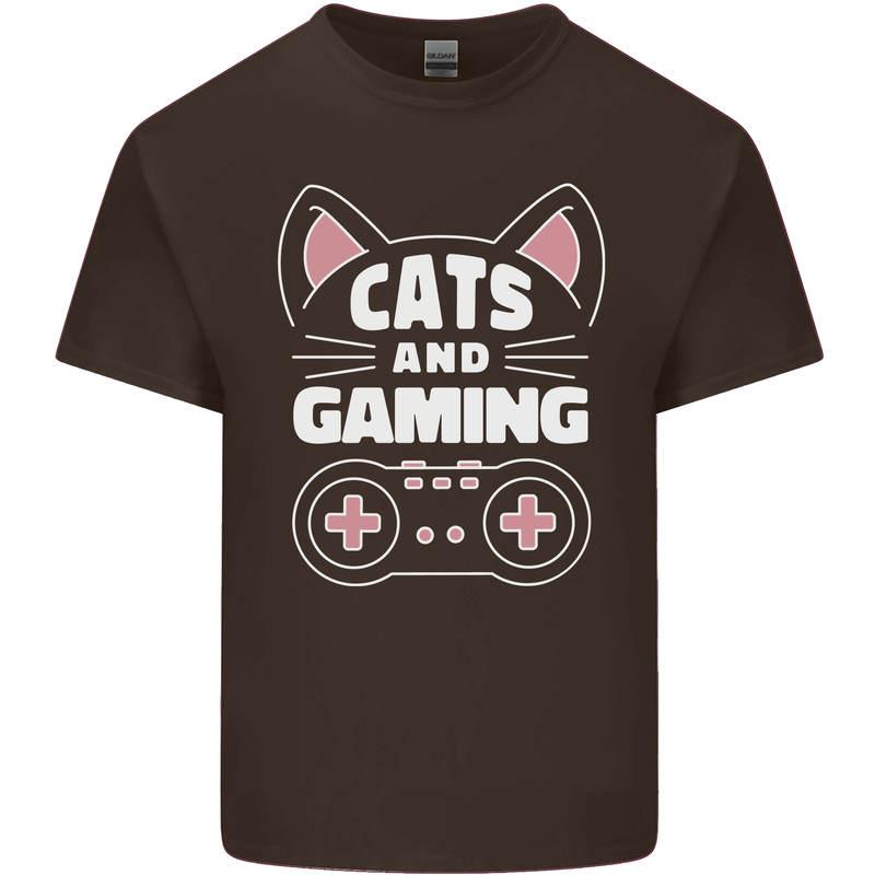 Cats and Gaming Funny Gamer Mens Cotton T-Shirt Tee Top Dark Chocolate