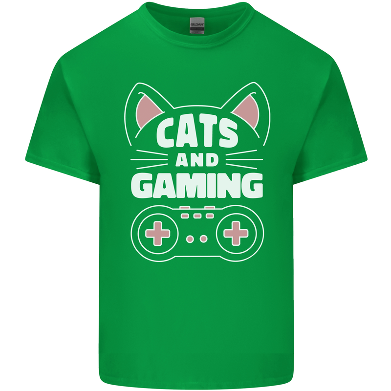 Cats and Gaming Funny Gamer Mens Cotton T-Shirt Tee Top Irish Green