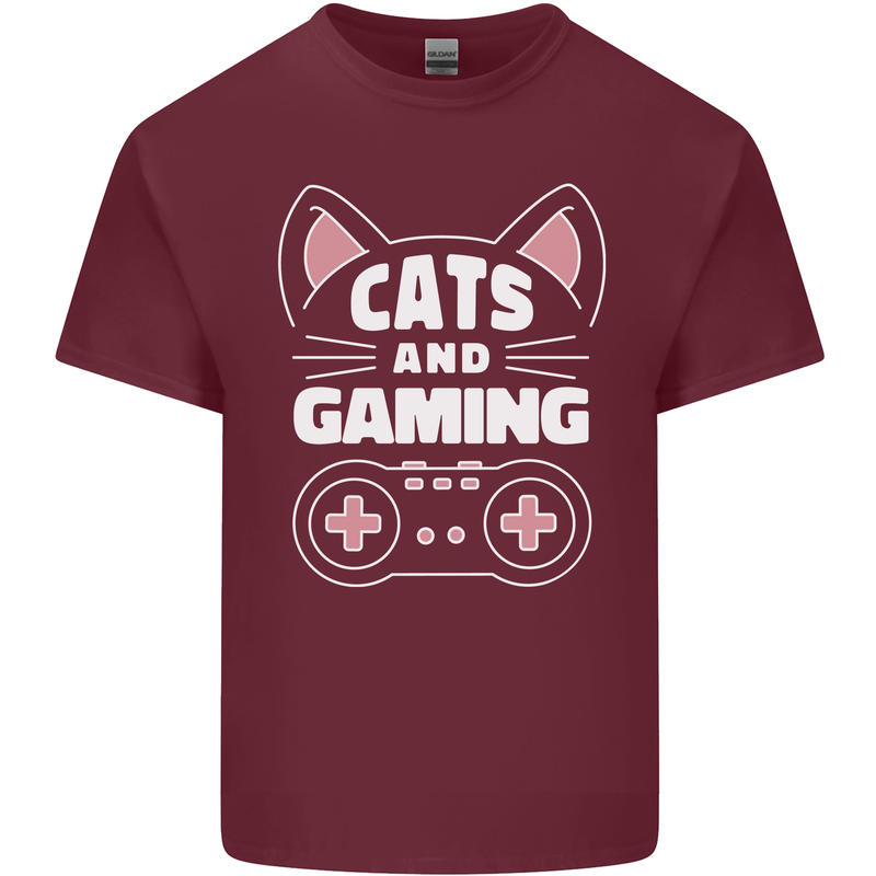 Cats and Gaming Funny Gamer Mens Cotton T-Shirt Tee Top Maroon