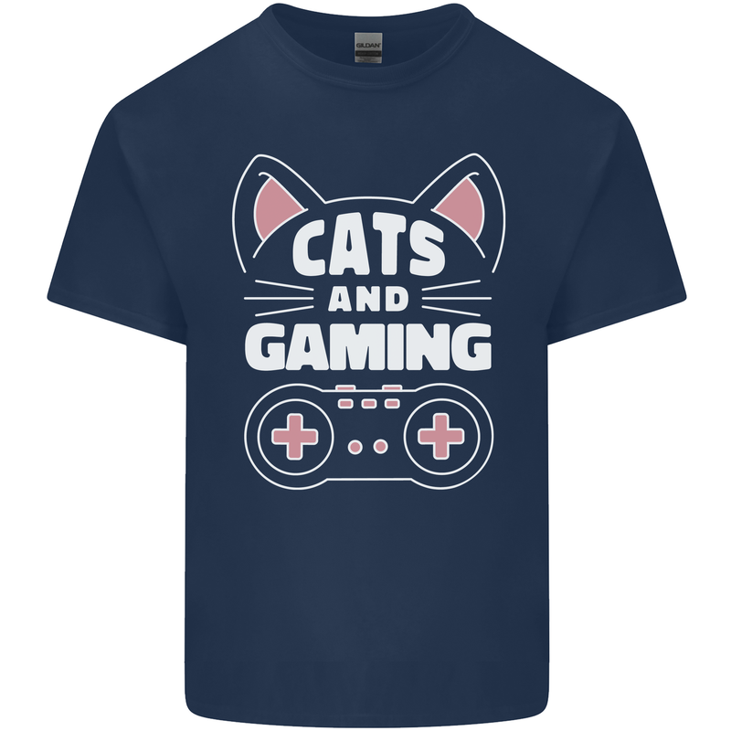 Cats and Gaming Funny Gamer Mens Cotton T-Shirt Tee Top Navy Blue
