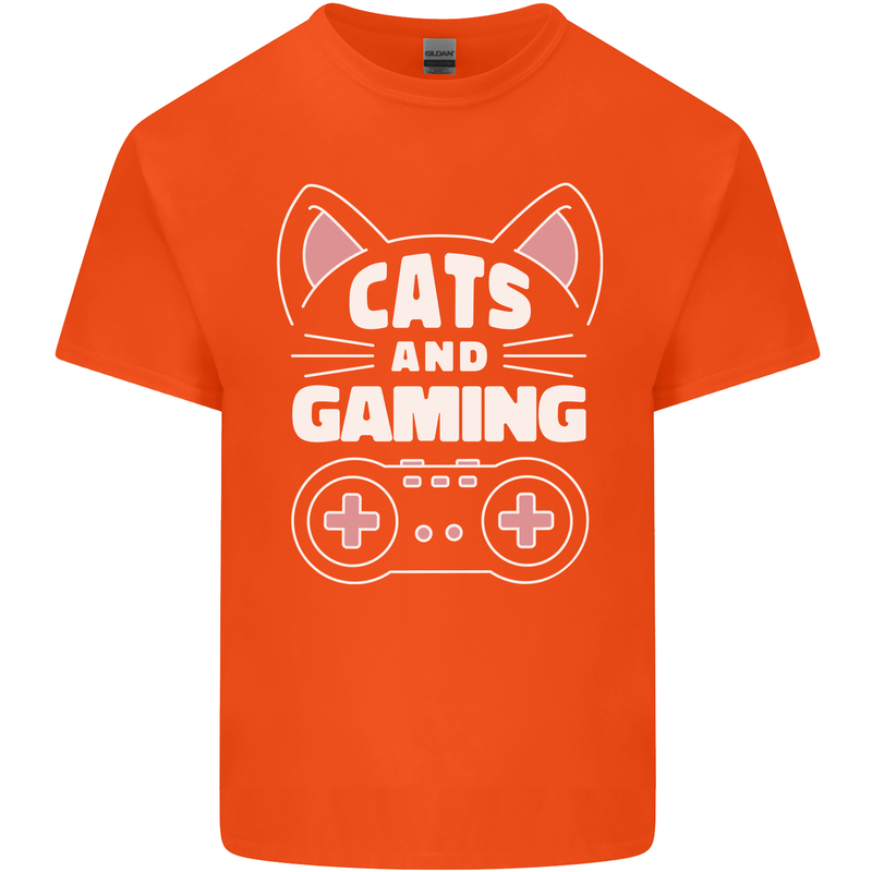 Cats and Gaming Funny Gamer Mens Cotton T-Shirt Tee Top Orange