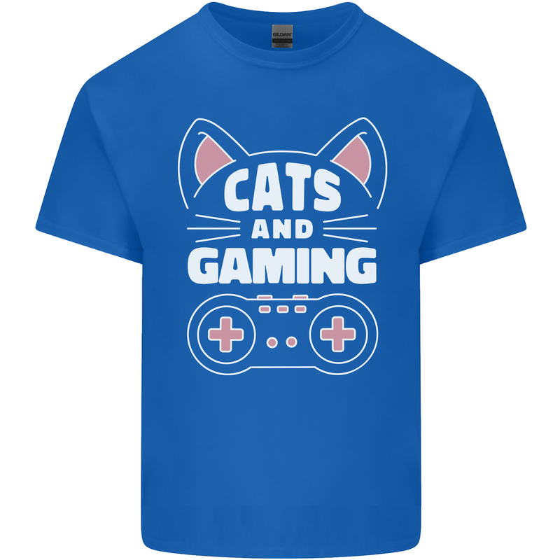 Cats and Gaming Funny Gamer Mens Cotton T-Shirt Tee Top Royal Blue