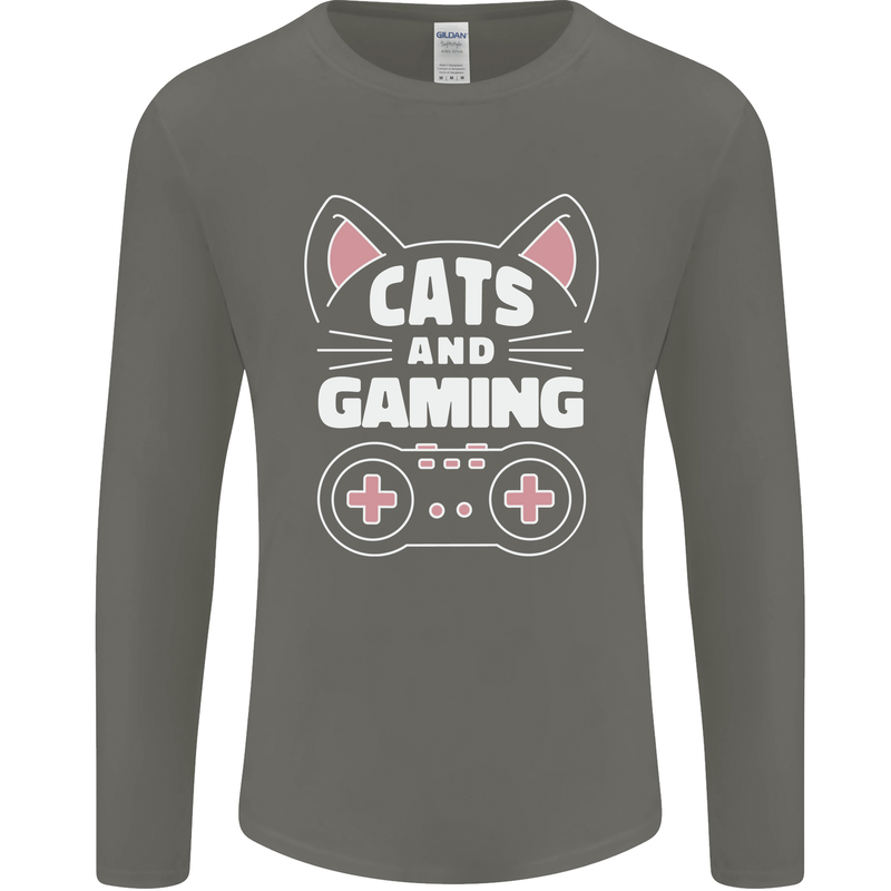 Cats and Gaming Funny Gamer Mens Long Sleeve T-Shirt Charcoal