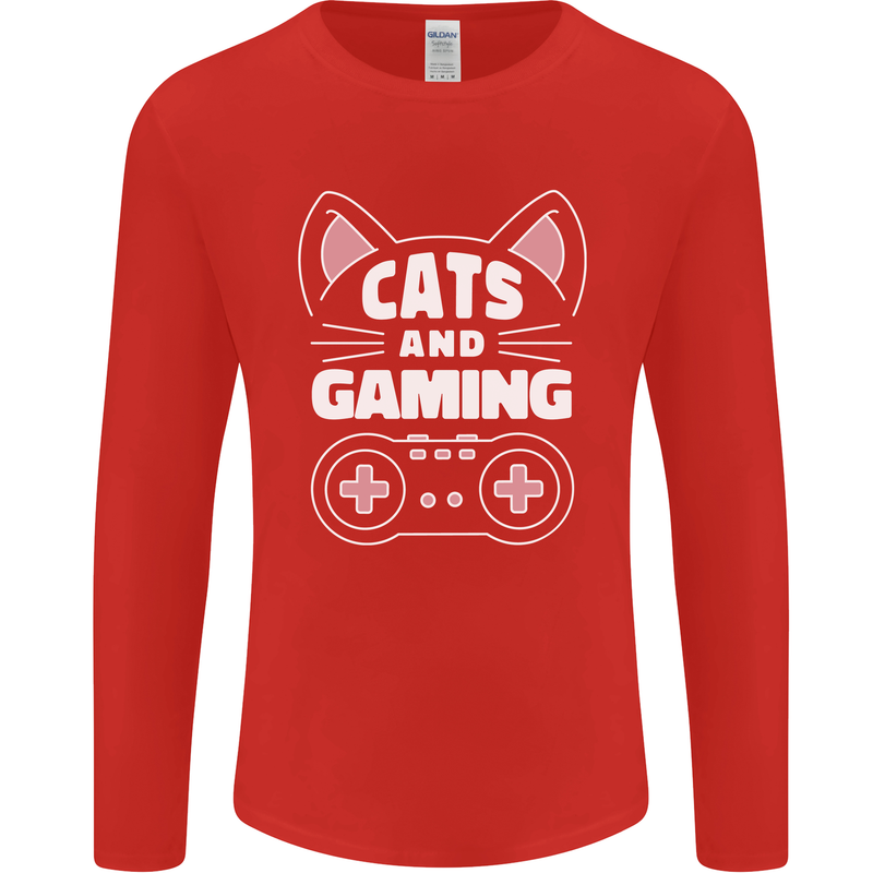 Cats and Gaming Funny Gamer Mens Long Sleeve T-Shirt Red