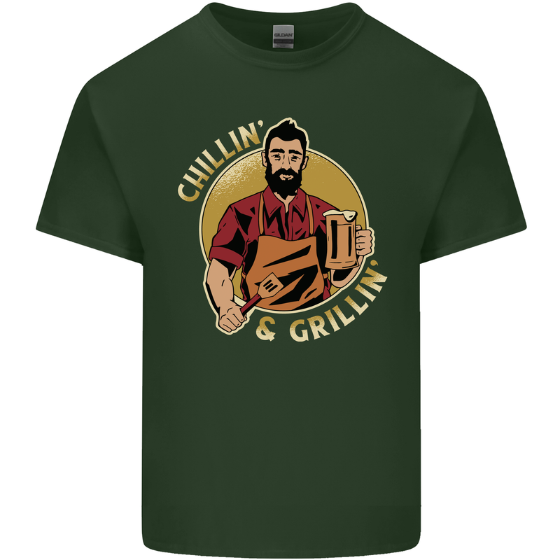 Chillin & Grillin Funny BBQ Beer Camping Mens Cotton T-Shirt Tee Top Forest Green