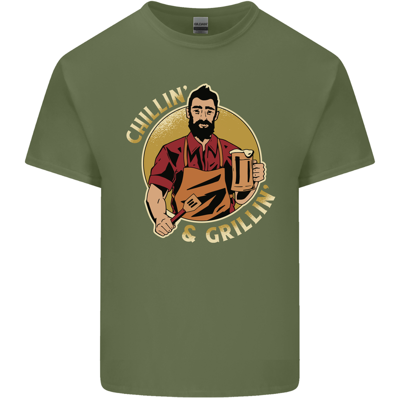 Chillin & Grillin Funny BBQ Beer Camping Mens Cotton T-Shirt Tee Top Military Green
