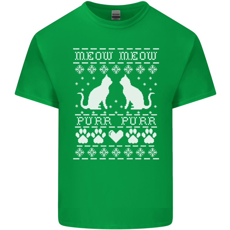 Christmas Cat Meow Purr Funny Xmas Mens Cotton T-Shirt Tee Top Irish Green