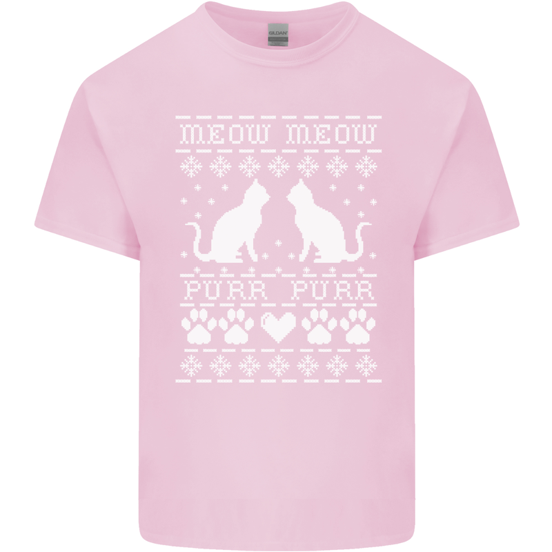 Christmas Cat Meow Purr Funny Xmas Mens Cotton T-Shirt Tee Top Light Pink