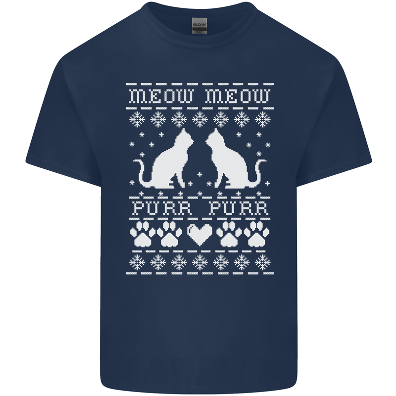 Christmas Cat Meow Purr Funny Xmas Mens Cotton T-Shirt Tee Top Navy Blue