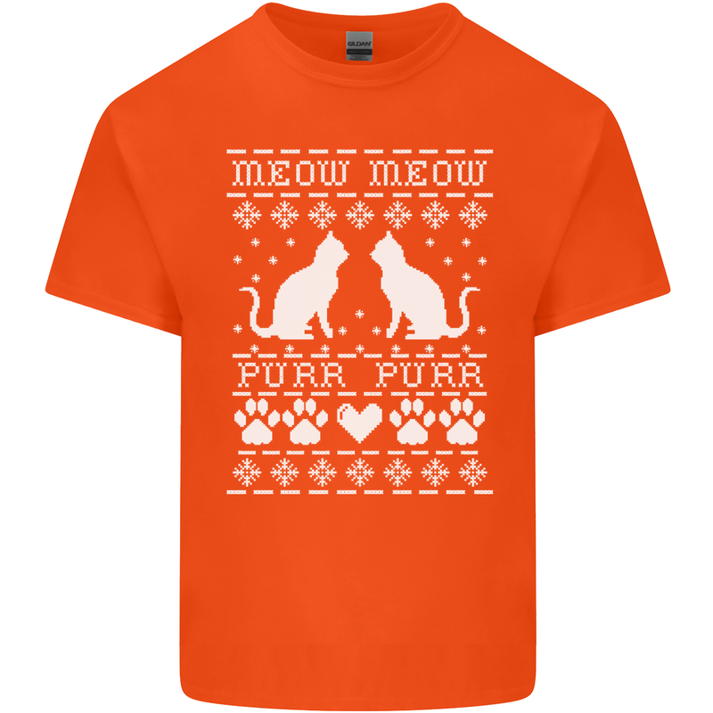 Christmas Cat Meow Purr Funny Xmas Mens Cotton T-Shirt Tee Top Orange