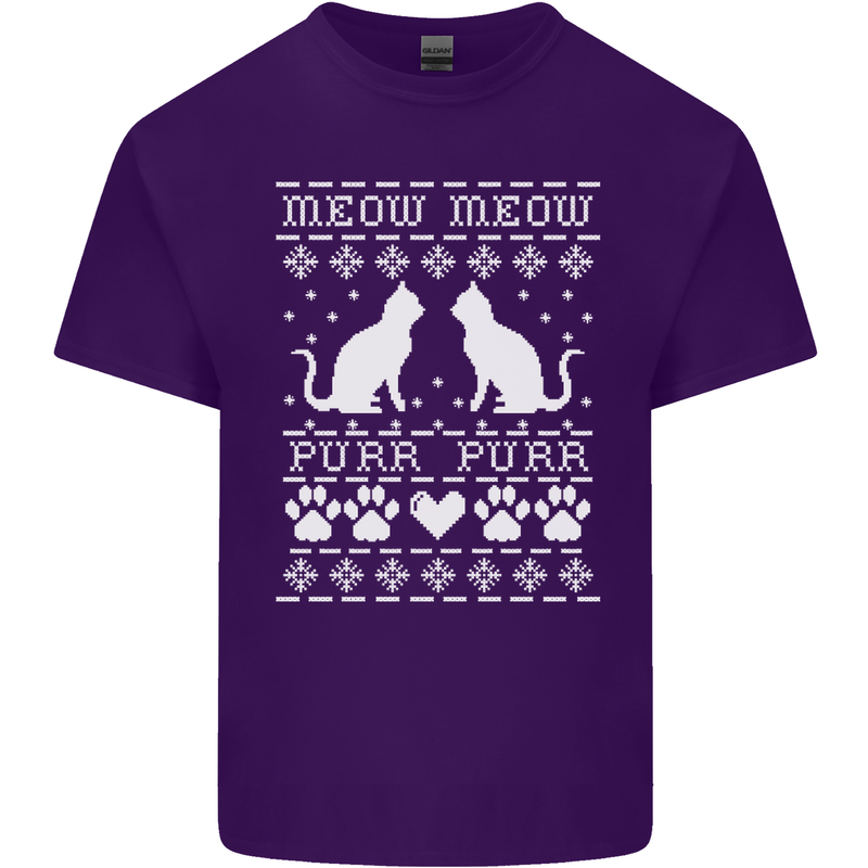 Christmas Cat Meow Purr Funny Xmas Mens Cotton T-Shirt Tee Top Purple