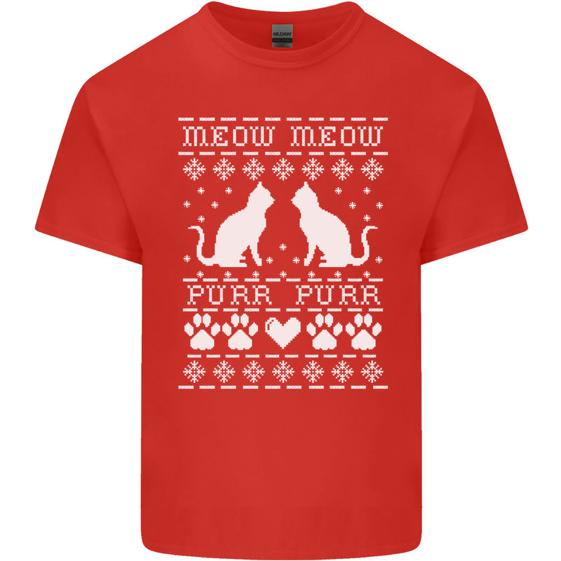 Christmas Cat Meow Purr Funny Xmas Mens Cotton T-Shirt Tee Top Red