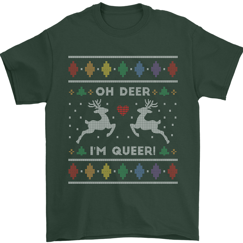 Christmas LGBT Oh Deer I'm Queer Gay Pride Mens T-Shirt Cotton Gildan Forest Green