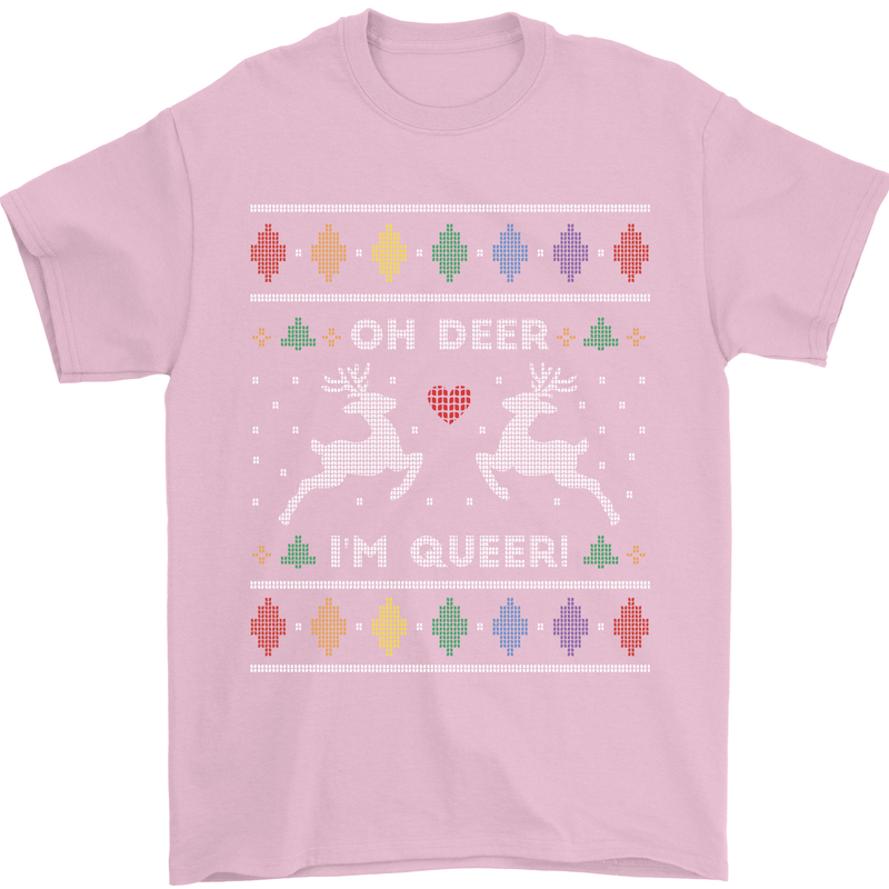 Christmas LGBT Oh Deer I'm Queer Gay Pride Mens T-Shirt Cotton Gildan Light Pink