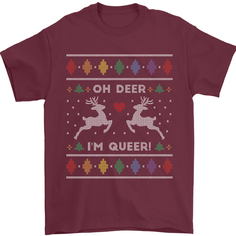 Christmas LGBT Oh Deer I'm Queer Gay Pride Mens T-Shirt Cotton Gildan Maroon