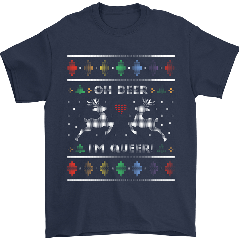 Christmas LGBT Oh Deer I'm Queer Gay Pride Mens T-Shirt Cotton Gildan Navy Blue