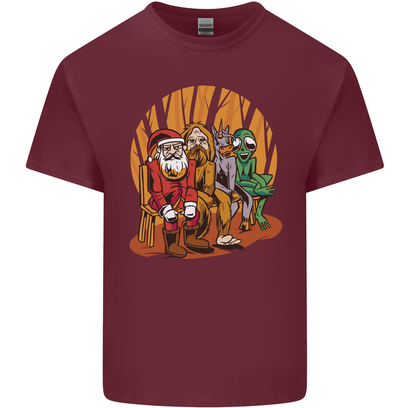 Christmas Santa Claus Bigfoot Unicorn Alien Mens Cotton T-Shirt Tee Top Maroon