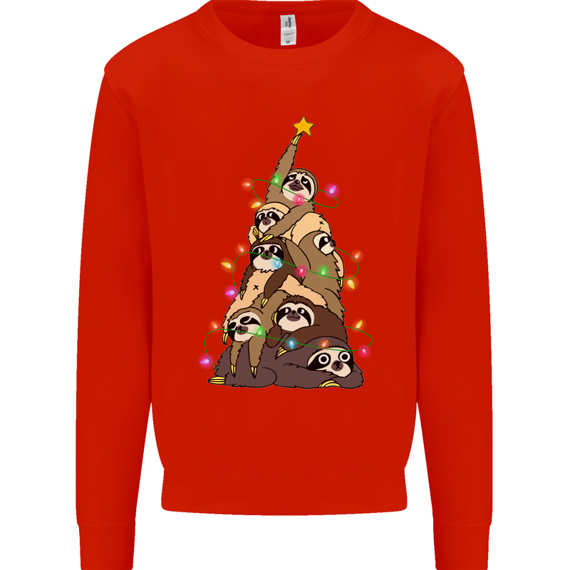 Christmas Sloth Tree Funny Xmas Kids Sweatshirt Jumper Bright Red