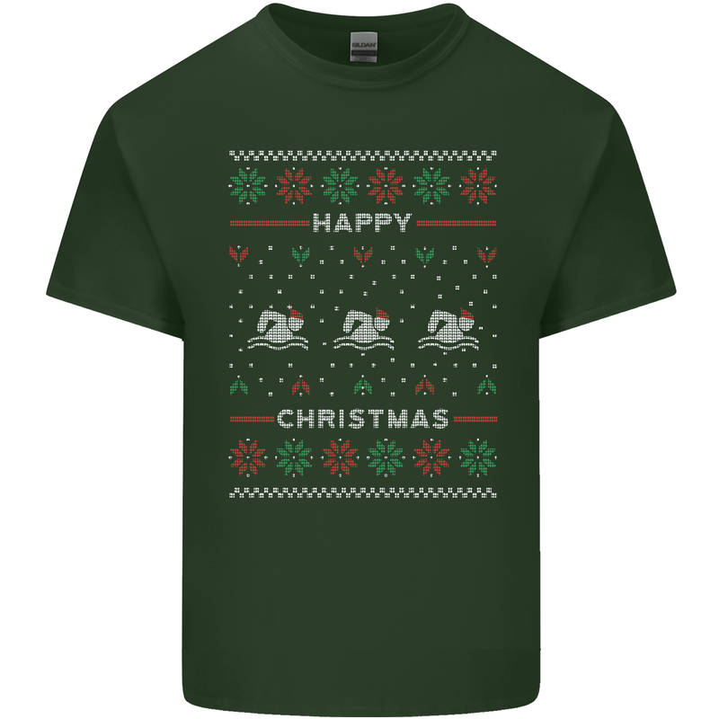 Christmas Swimming Design Mens Cotton T-Shirt Tee Top Forest Green