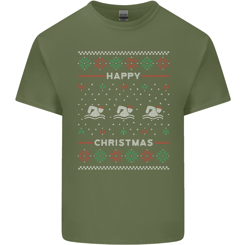 Christmas Swimming Design Mens Cotton T-Shirt Tee Top Military Green