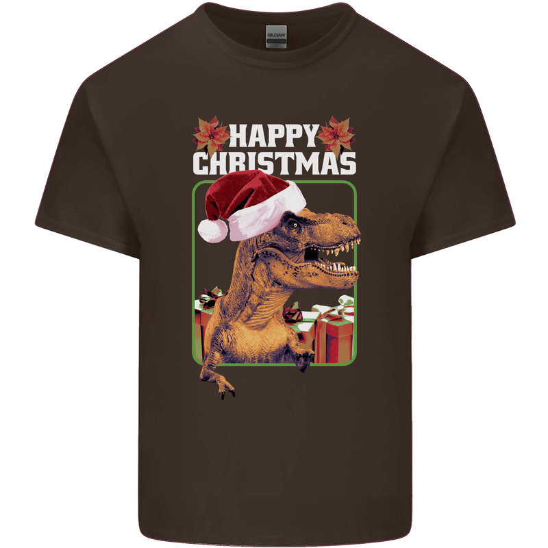 Christmas T-Rex Funny Dinosaur Mens Cotton T-Shirt Tee Top Dark Chocolate