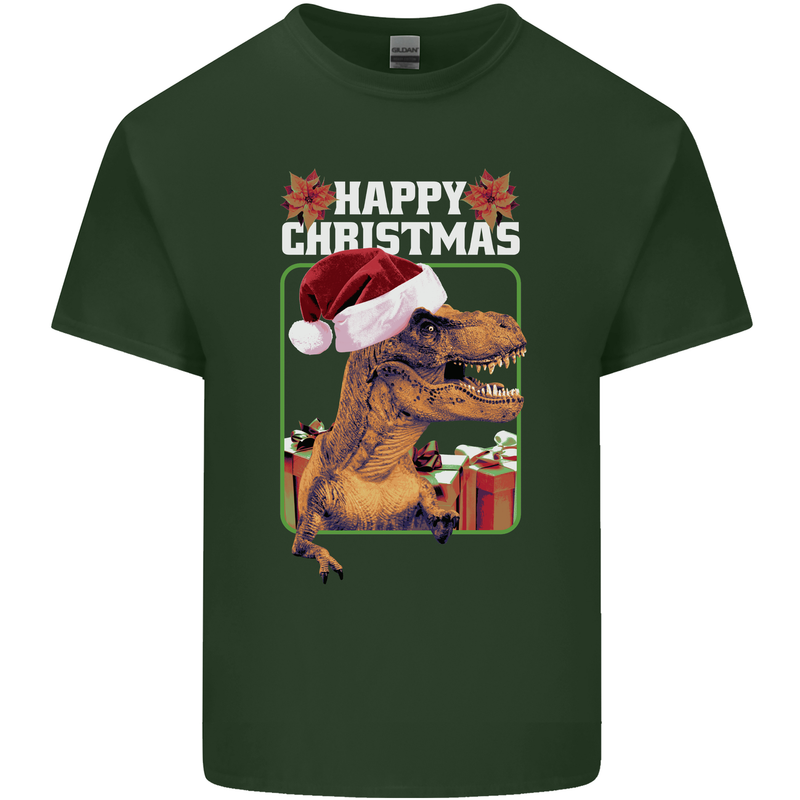Christmas T-Rex Funny Dinosaur Mens Cotton T-Shirt Tee Top Forest Green