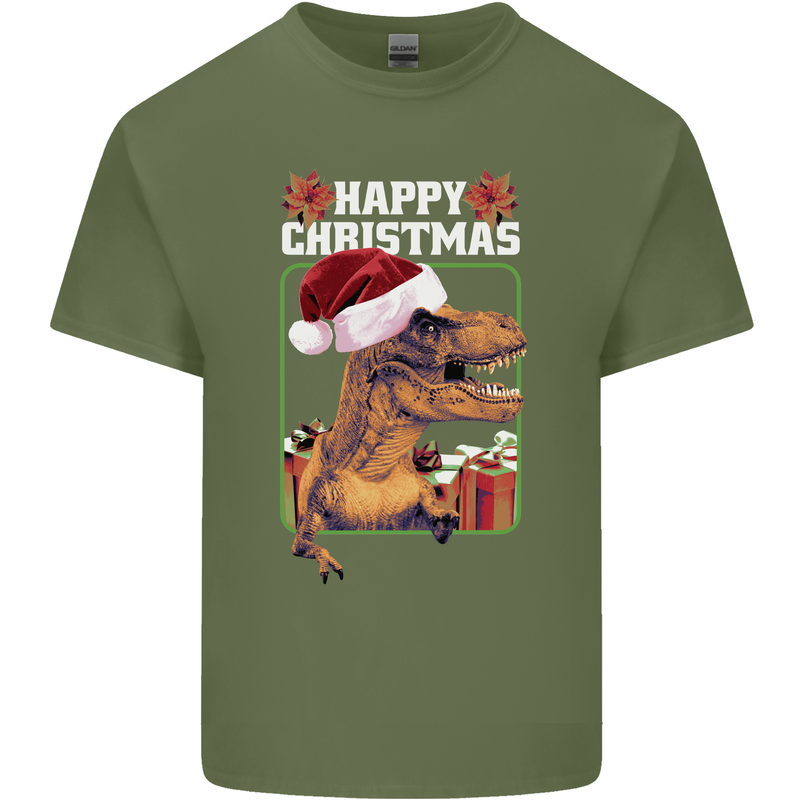 Christmas T-Rex Funny Dinosaur Mens Cotton T-Shirt Tee Top Military Green
