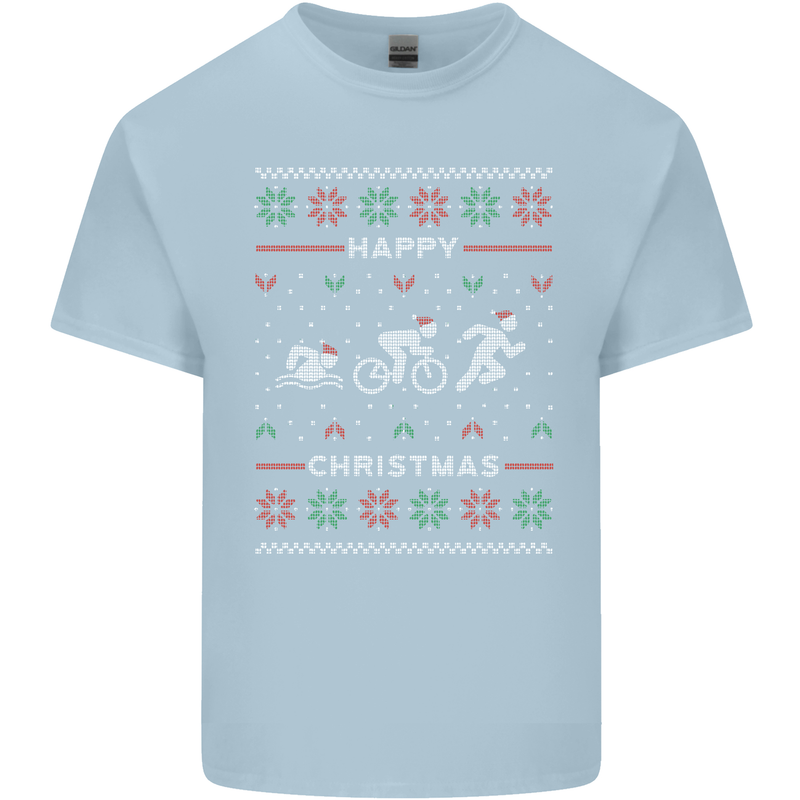 Christmas Triathlon Funny Fitness Gym Mens Cotton T-Shirt Tee Top Light Blue