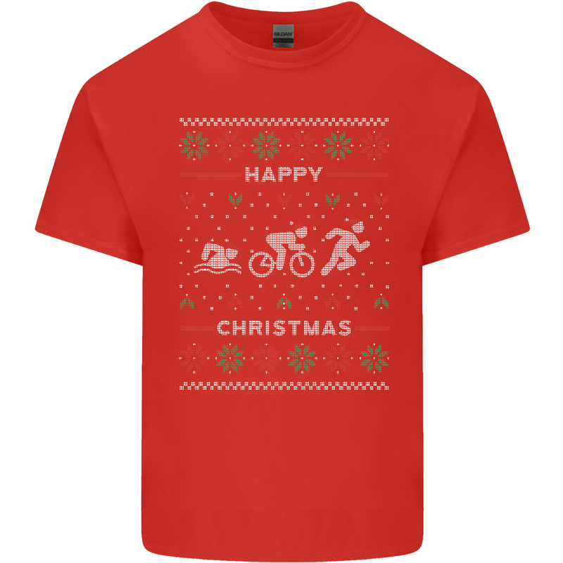 Christmas Triathlon Funny Fitness Gym Mens Cotton T-Shirt Tee Top Red