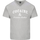 Cocaine and Protein Shakes Gym Drugs Funny Mens V-Neck Cotton T-Shirt Sports Grey