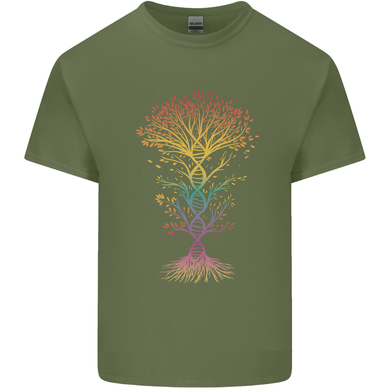 Colourful DNA Tree Biology Science Mens Cotton T-Shirt Tee Top Military Green