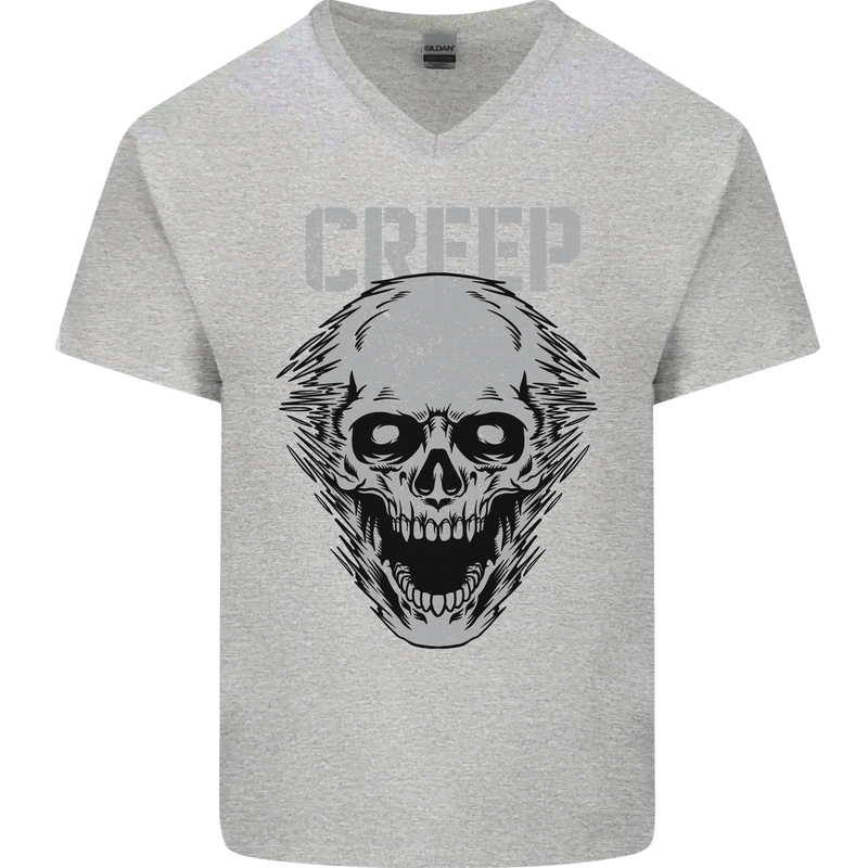Creep Human Skull Gothic Rock Music Metal Mens V-Neck Cotton T-Shirt Sports Grey