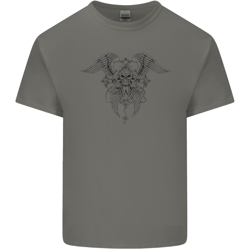Cross Skull Wings Gothic Biker Heavy Metal Mens Cotton T-Shirt Tee Top Charcoal