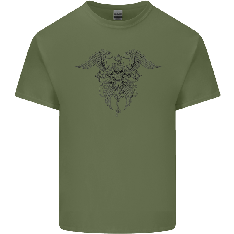 Cross Skull Wings Gothic Biker Heavy Metal Mens Cotton T-Shirt Tee Top Military Green