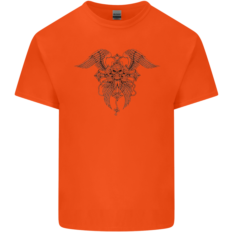 Cross Skull Wings Gothic Biker Heavy Metal Mens Cotton T-Shirt Tee Top Orange